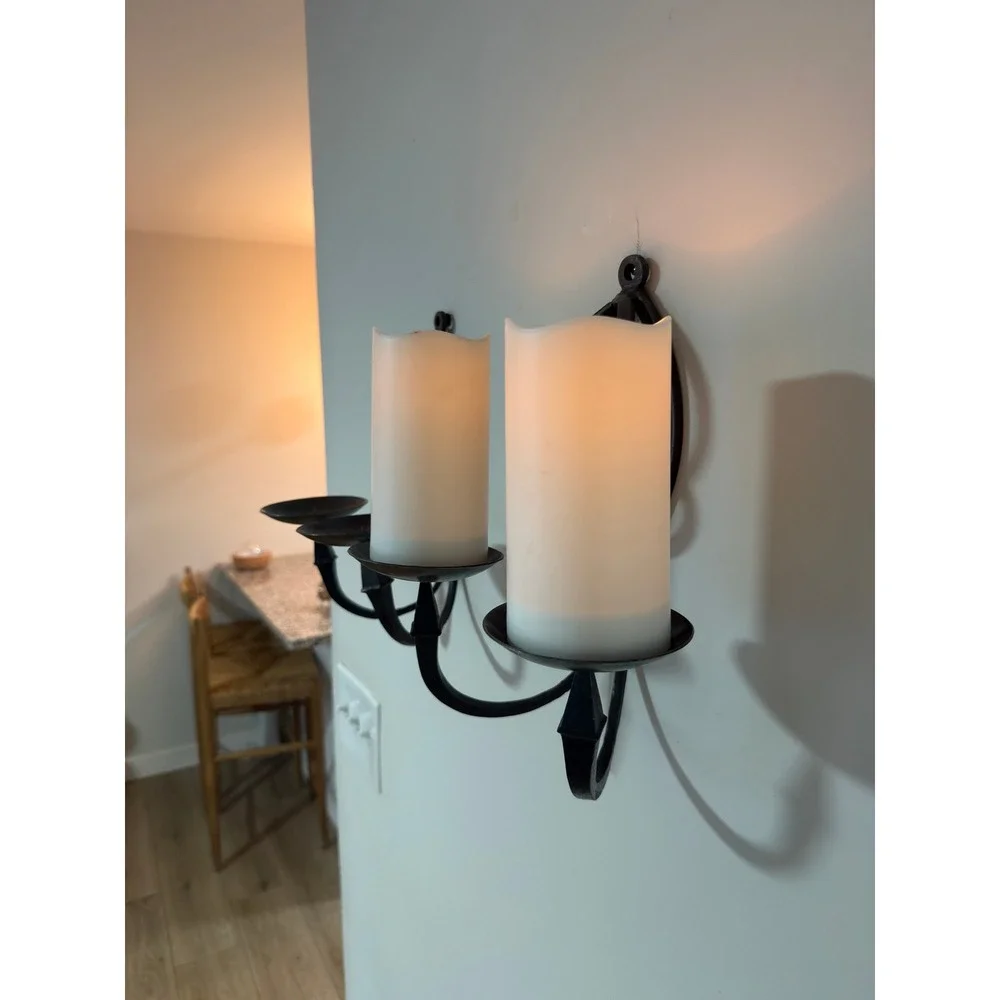 Vintage Pair Wrought Iron Double Arm Wall Sconces Candle Holders Gothic